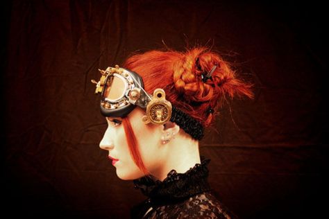 Steampunk Concepts : For the Future, Look to Yesterday | The Pennington Edition Steampunk Images, Steampunk Hairstyles, Steampunk Goggles, Bright Red Hair, Braided Bun Hairstyles, Speculative Fiction, Steampunk Costume, Fashion Tips For Women, Dieselpunk