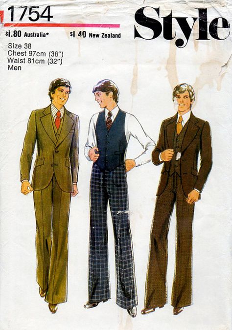 1970s Men's Suit Jacket, Waistcoat & Pants Vintage Sewing Pattern - Style 1754 Chest 38   Pinned by WhatnotGems 1970s Mens Suit, Modernist Fashion, 1970's Hair, 70s Queen, Fashion Sketches Men, Suit Inspiration, Vintage Fashion Sketches, Mens 3 Piece Suits, 1970s Men