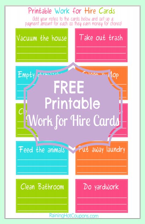 FREE Work for Hire Chore Cards for Kids Free Printable Chore Charts, Chore Cards, Work Search, Kid Responsibility, Work For Hire, Chore Charts, Printable Chore Chart, Free Printable Cards