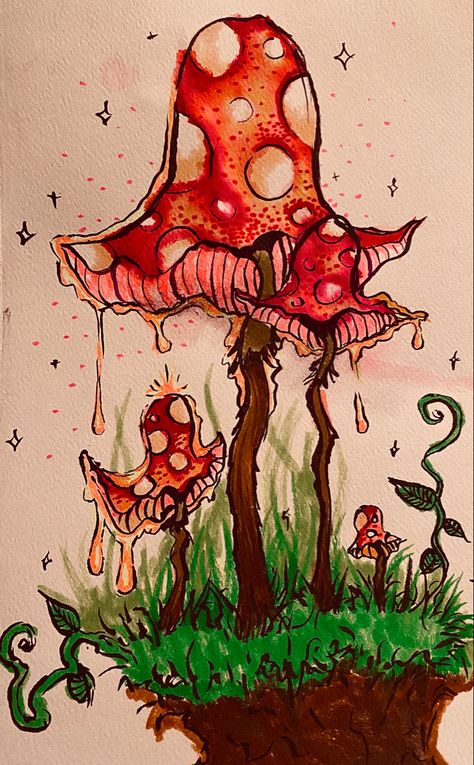 Stylized amanita mushrooms growing out of a chunk of earth, on an off white background with leafy tendrils and magic sparkles amuck Space Eye Drawing, Funky Mushroom Art, Cottagecore Drawing Ideas, Goblincore Tattoo, Planets Drawing, Mushroom Paintings, Mushroom Sketch, Cottagecore Drawing, Mushroom Painting