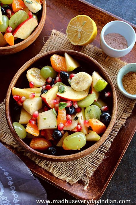 Fruit Chaat | Indian Fruit Salad - Madhu's Everyday Indian Indian Chaat Recipes, Chaat Indian, Fruit Chaat Recipe, Fruit Chaat, Indian Chaat, Assorted Fruits, Samosa Chaat, Spicy Corn, Sour Fruit