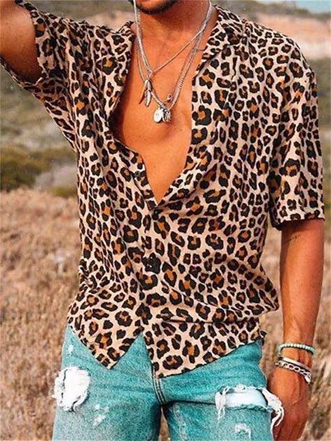 Printed Shirts Men, Leopard Print Shorts, Streetwear Mode, Leopard Print Shirt, Retro Mode, Casual Summer Shorts, Mode Vintage, Mens Street Style, Print Shirt