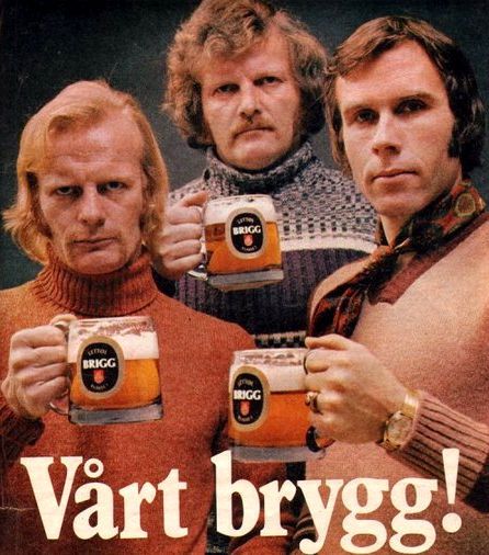 Norwegian Brigg Beer, "Our Brew!", circa 1970s.  The Neanderthal guy on the left is my favorite. Ginger Kids, Beer Advertising, Beer Ad, Beer Poster, Funny Ads, Retro Ads, Vintage Beer, Old Ads, Vintage Advertisement