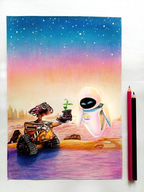 Cute Wall E Drawings, Wall E And Eve Drawing, Wall-e Drawings, Wall-e Painting, Walle Drawings, Wall E Drawing, Wall E Art, Pencil Colour Drawing, Walle Y Eva