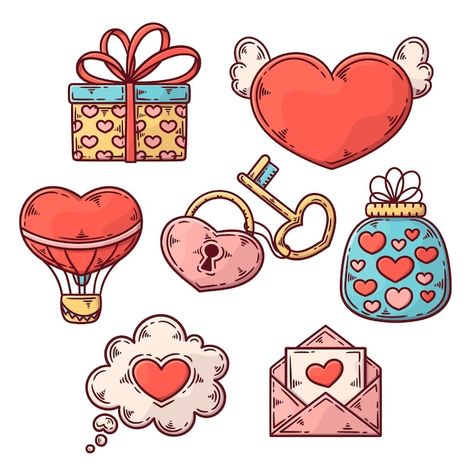 Free vector hand drawn valentine's day e... | Free Vector #Freepik #freevector #hand-drawn-love #valentine-elements #love-elements #valentines-day Kawaii Valentines Day Drawings, Valentines Day Drawings, Kawaii Valentines Day, Valentine Drawing, Valentine Pattern, Kawaii Valentine, Valentines Day Drawing, Hand Lettering Worksheet, Valentines Illustration