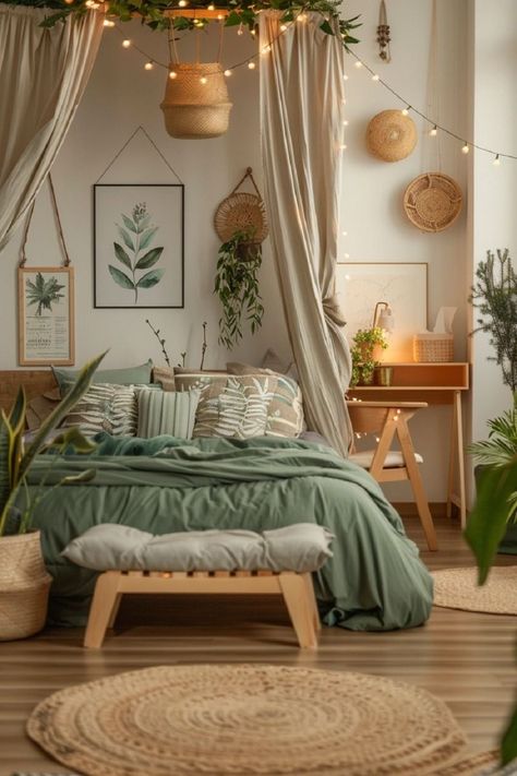 Cozy Serene Bedroom, Boho House Decor Bedroom, Bedroom Inspirations For Teens, Boho Girly Bedroom, Serene Bedroom Colors, Green Inspired Bedroom, Boho Cottagecore Bedroom, Plant Room Bedrooms, Green Decor Bedroom