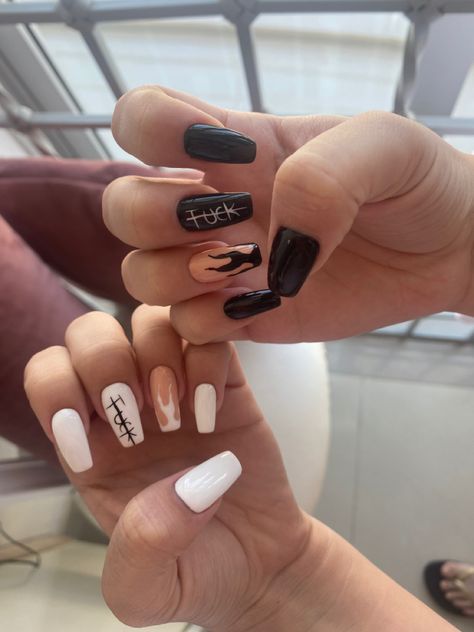 black and white nails with flames and a fuck in each hand White Nails With Flames, Black And White Coffin Acrylic Nails, Nails With Flames, Acrylic Nail Designs Coffin, Black And White Nail Designs, Black And White Nails, White Nail Designs, Black Nail Designs, Acrylic Nails Coffin