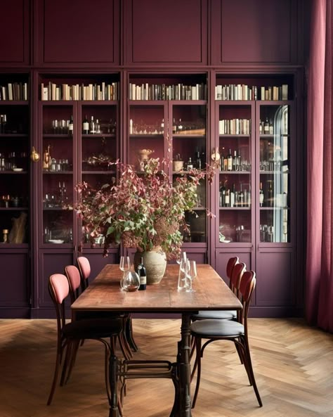 Pick a colour, any colour... 🎨 Which dining room set-up is your favourite? Images: @melaniejadedesign #interiordesign #diningroom Floor To Ceiling Bookcases, Dark House Aesthetic, Burgundy Kitchen, Purple Dining Room, Dining Room Library, Burgundy Living Room, Purple Rooms, Inspired Interiors, White Marble Countertops