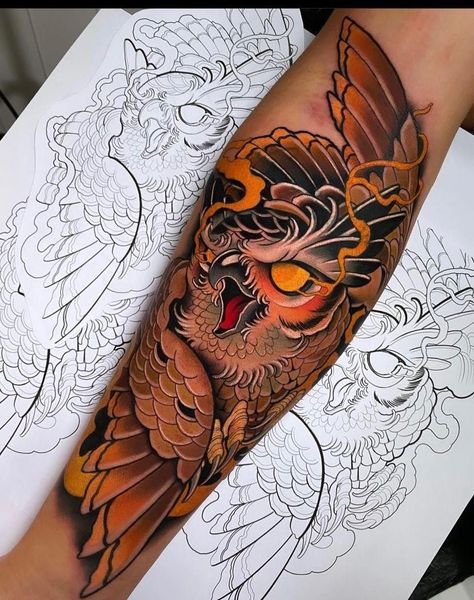 Neo Traditional Owl Tattoo Design, Neotrad Owl Tattoo, Neotraditional Owl Tattoo, Neo Traditional Owl Tattoo, Neo Traditional Owl, Neo Trad Tattoo Design, Mens Owl Tattoo, Traditional Owl Tattoos, Traditional Tattoo Stencils