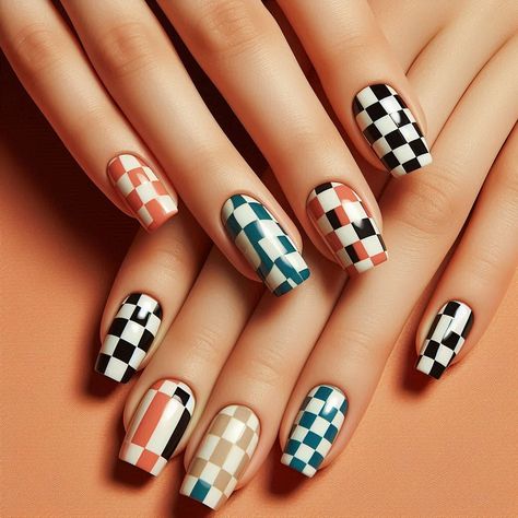 Make a bold statement with the sophisticated and classic chess pattern nail art. This design brings the strategic elegance of the chessboard to your fingertips, offering a stylish and refined look that's perfect for any occasion. Whether in black and white or a creative twist with colors, our long-lasting, glossy finish ensures your nails remain a striking masterpiece. Let your nails reflect your sharp mind and chic style with the timeless allure of chess patterns Checkered Nails Coffin, Chess Nail Art, One Checkered Nail, Gel Nail Designs Checkered, Black And Tan Checkered Nails, Chess Nails, Retro Checkered Nails, Checker Nails, Trippy Checkered Nails