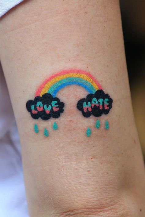 Rainbow Clouds Tattoo, Statement Tattoo, Rainbow Tattoo, Doctor Tattoo, Korean Tattoo Artist, Pride Tattoo, Rainbow Tattoos, Bright Clouds, Dot Tattoos