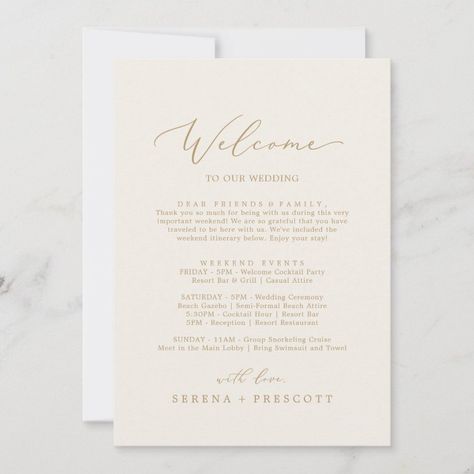 Delicate Gold Cream Welcome Letter Itinerary & Map  Zazzle Wedding Welcome Letter, Wedding Welcome Letters, Destination Wedding Welcome Bag, Welcome Letter, Wedding Itinerary, Welcome Letters, Wedding Welcome Bags, Welcome To Our Wedding, Botanical Wedding