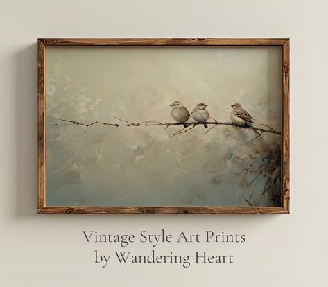 Bring the beauty of nature into your space with this vintage-style oil painting print, featuring a trio of sparrows resting on a tree branch. Professionally printed on 100% cotton heavyweight matte fine art paper, this unframed print is available in a variety of standard sizes perfect for framing. This original art print is an affordable and stylish way to add artwork to your home or gift to someone special. Your order will be carefully packaged and shipped within 1 business day. Please note: Th Cheap Prints Wall Art, Antique Wall Decor Vintage, Dining Room Pictures Ideas Wall Decor, Large Bathroom Wall Decor, Vintage Landscape Art, Artwork In Kitchen, Branch Painting, Vintage Acrylic Painting, Watercolor Birds