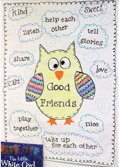 Kindergarten_Anchor_Chart_What_Is_A_Friend Class Procedures, Friendship Theme, Kindergarten Anchor Charts, Friendship Skills, Owl Classroom, Thinking Maps, Owl Theme, Education Organization, White Owl