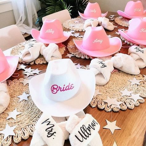 Y'all, these custom hats will complete your Cowgirl Bach Party! #LastRodeo #Western #CowboyHats #Nashville #Texas #Austin #Bachelorette #Wedding #GiftsforFriends #Bachgoals #discocowgirl #BachelorettePartyIdeas #BacheloretteIdeas #GirlsTrips #BacheloretteGifts #BacheloretteGoals #SprinkledWithPinkShop #Womanowned #SmallBusiness #Customapparel #Customaccessories White Cowboy Hat, Custom Cowboy Hats, Pink Cowboy Hat, Cowgirl Bachelorette, Bachelor/bachelorette Party, Bachelorette Party Planning, Beach Weekend, Bridal Bachelorette Party, Nashville Bachelorette