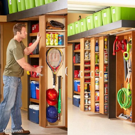 Space-Saving Sliding Garage Storage Shelves- this concept can be used to shelve LOTS of books in a library wall, that also cuts down on dust.  plan link is: https://www.familyhandyman.com/garage/storage/garage-storage-space-saving-sliding-shelves/view-all/ Garage Organization Shelves, Garage Organization Systems, Garage Diy, Storage Shed Organization, Overhead Garage Storage, Garage Storage Shelves, Overhead Garage, Shed Organization, Garage Storage Solutions