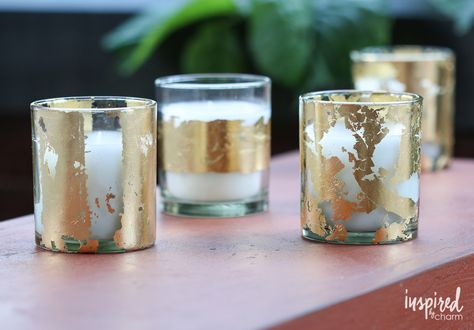 DIY Gold-Leafed Citronella Candles Decoupage Candles, Inspired By Charm, Leaves Candle, Concrete Diy Projects, Diy Gold, 40th Birthday Decorations, Gold Candle Holders, Diy Crafts For Adults, Diy Candle Holders