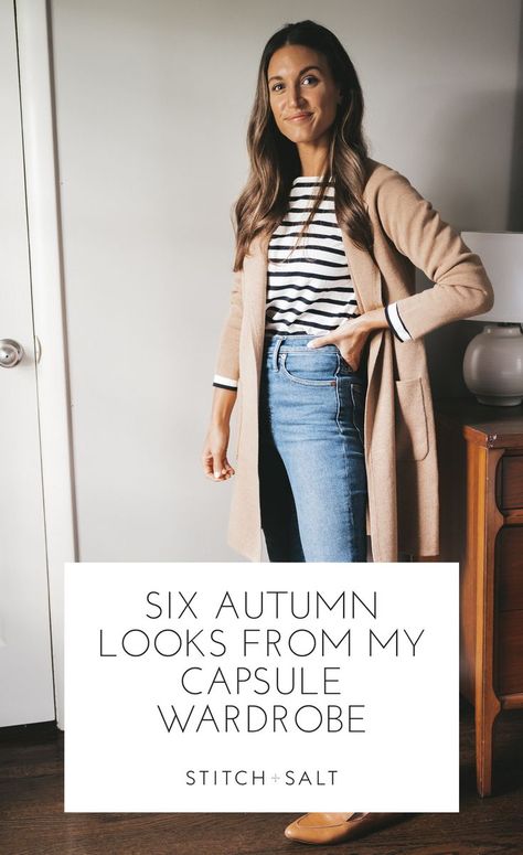 ashley wearing a striped top, tan long line sweater blazer, and medium wash jeans standing next to a vintage wood dresser with a white table lamp Fall Outfits Staples, Fall Capsule Wardrobe 2022 Minimalist, Bonfire Night Outfit Winter Uk, Women’s Fall Wardrobe Capsule, Plus Size Capsule Wardrobe Fall 2022, Fall Capsule 2023, Fall 2023 Wardrobe Capsule, Fall Winter Capsule Wardrobe 2023, Autumn Wardrobe 2023