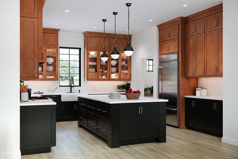 Kitchen Cabinet Gallery | Waypoint Living Spaces Black Lower Cabinets Wood Upper, Black Lower Kitchen Cabinets, Black Lower Cabinets, Waypoint Cabinets, Kitchen Cabinets Pictures, Two Tone Kitchen Cabinets, Two Tone Cabinets, Black Island, Dark Wood Cabinets