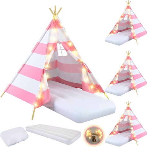 PRICES MAY VARY. Kids Teepee Tent Package for Sleepovers: this set includes 4 beautifully designed kids teepee, 4 shimmering 9.84 ft starlight strings, 4 cozy air beds sized 61.8 x 25.9 x 7.09 inches, and 4 properly fitting sheets; Together, these elements create an unforgettable, magical experience for your little ones and their friends Sturdy and Safe Materials: crafted from quality cotton fabric, ensuring sturdiness and ease of cleaning through machine wash without shrinkage; The sturdy pine Adult Sleepover Party Decorations, Birthday Tents Sleepover, Preppy Bday, Toddler Play Tent, Slumber Party Decorations, Sleepover Tents, Childrens Teepee, Girls Slumber Party, Tent For Kids