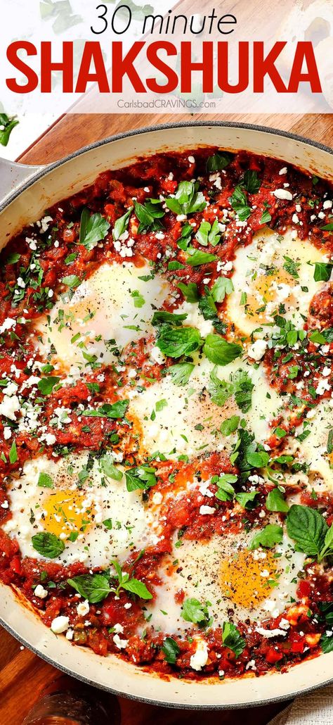 This Shakshuka recipe is an EASY, healthy, 30-minute, irresistible one pot wonder celebrated for its bold flavors and versatile nature - LOTS of variations included! #breakfast #breakfastrecipe #breakfastrecipes #brunch #brunchrecipe #brunchrecipes #healthyeating #healthyrecipe #healthyrecipes #healthylifestyle #eggs #eggrecipe #eggrecipes #shakshuka #shakshukarecipe Shashuksha Eggs, Shrimp Pasta Recipe, Cravings Recipes, One Pot Wonder, Shakshuka Recipe, Pan Dishes, Cajun Shrimp Pasta, Shakshuka Recipes, Homemade Cajun Seasoning