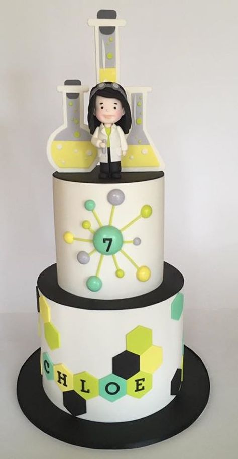 Little scientist cake Scientist Cake, Science Cake, Science Birthday Party Ideas, Scientist Birthday Party, Scientist Birthday, Mad Scientist Party, Scientist Party, Science Birthday, Birthday Baking