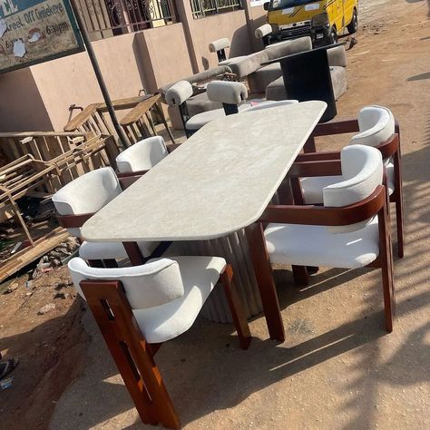 Made with top quality materials Mahogany wood Top quality Fabric Marble top Bespoke finishing..... Call/ WhatsApp us on 08135530123 #furniture #furnituredesign #furnishings #diningset #bespoke Latest Dining Table Designs, Latest Dining Table, Bed Back Design, Set Meja Makan, Home Design Living Room, Dining Table Marble, Dining Table Design, Mahogany Wood, Call Whatsapp