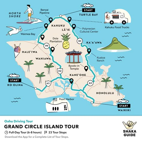 Shaka Guide's Oahu Grand Circle Island Tour Itinerary Oahu Hawaii Map, Hawaii In February, Hawaii Pacific University, Oahu Map, Hawaii Vacation Oahu, Honolulu Vacation, Hawaii Trip Planning, Oahu Hikes, Hawaii Map