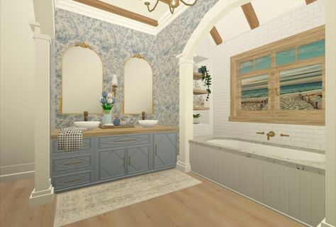 Bloxburg Beach Bathroom Ideas, Beach House Color Palette Bloxburg, Bathroom Ideas For Bloxburg, Costal Bathroom Bloxburg Ideas, Coastal Teen Bathroom Bloxburg, Bloxburg Beach House Bathroom Ideas, Coastal Pantry Bloxburg, Small Coastal Bloxburg House, Coastal House Plans Bloxburg