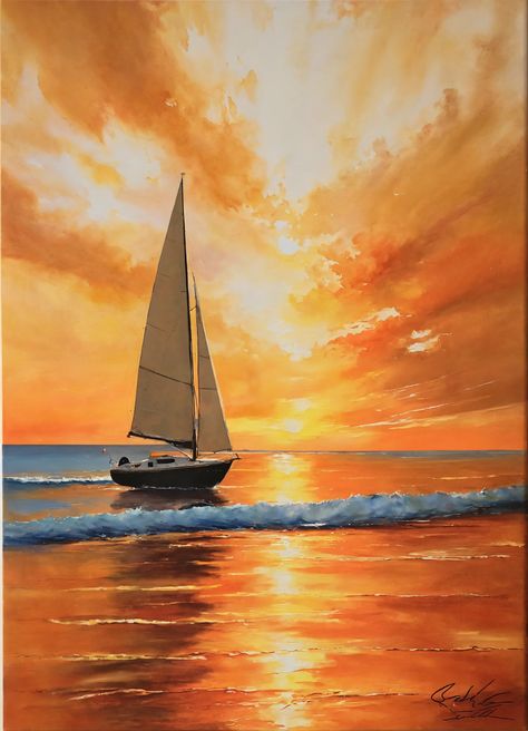 Ocean At Sunset, Beach Scene Painting, Water Surfing, Sunset At The Beach, Warm Sunset, Small Sailboats, Scene Painting, Ocean Pictures, Amazing Views