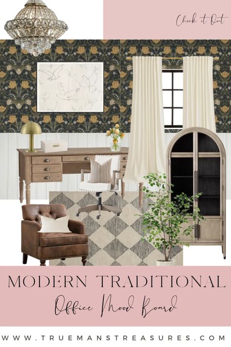 Mood Board for a modern traditional office space with dramatic wallpaper and traditional style furniture Traditional Mood Board, Modern Traditional Office, Office Mood Board, Dramatic Wallpaper, Checkerboard Rug, Statement Wallpaper, Traditional Office, Traditional Furniture, Modern Wallpaper