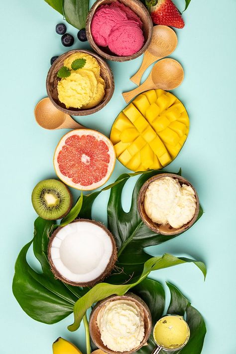 Tropical fruits and plants with ice cream Beautiful Fruits Photography, Tropical Fruit Aesthetic, Summer Fruit Photography, Summer Ice Cream Photography, Ice Cream Food Photography, Tropical Fruit Photography, Tropical Ice Cream, Food Photography Fruit, Tropical Photography