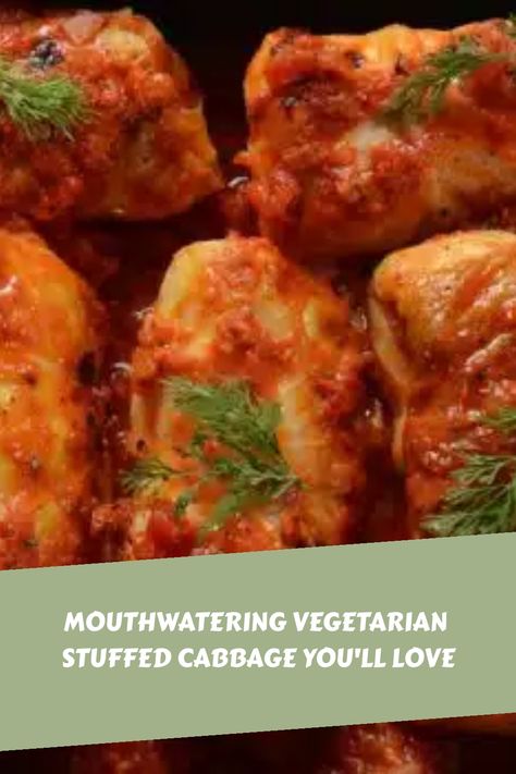 Mouthwatering vegetarian stuffed cabbage with a savory tomato-based sauce and garnished with fresh herbs. Vegetarian Stuffed Cabbage, Banana Waffles Healthy, Vegetarian Cabbage Rolls, Stuffed Cabbage Recipe, Easy Homemade Lasagna, Turkey Tacos Recipes, Vegan Crab Cakes, Vegan Crab, Steak Fajita Recipe