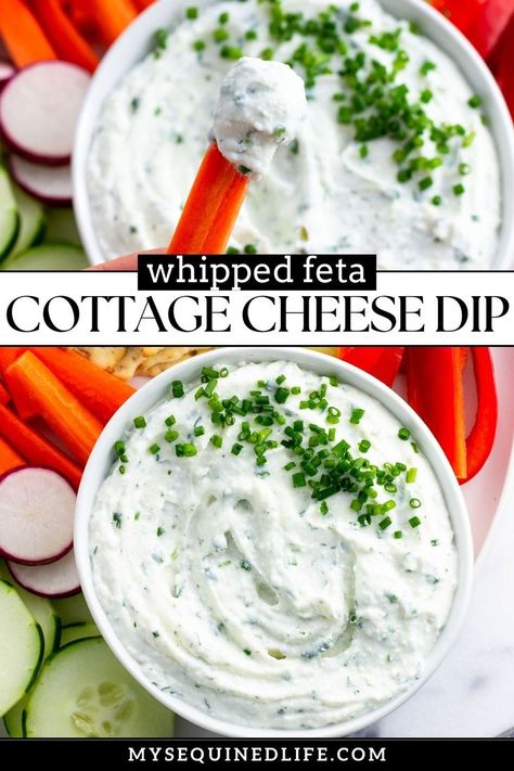 A bowl of cottage cheese dip on a vegetable platter with a bell pepper stick scooping up a dollop. Cheese Dip For Veggies, Whipped Cottage Cheese Dip, Cottage Cheese Dip Recipes, Cottage Cheese Dip, Feta Cheese Dip, Dip For Veggies, Whipped Cottage Cheese, Cottage Cheese Dips, Appetizer Board