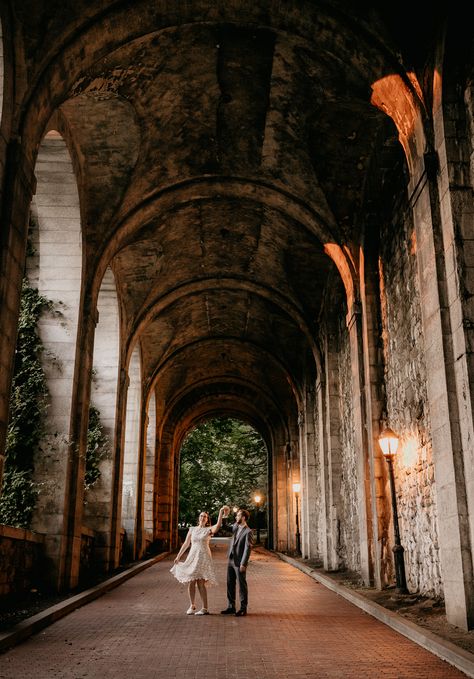 Fort Tryon Park Engagement Session in Manhattan NYC. In this blog you will be inspire by a newly engaged couple shooting their engagements under a bridge in New York. The best engagement session ideas for your summer engagement photo ideas. Met Cloisters Photoshoot, Fort Tryon Park Engagement, Old Building Engagement Photos, Engagement Photos Old Buildings, Bridge Photoshoot Photo Ideas, Pr Photoshoot, Cloisters Nyc, Engagement Spots, Engagement Photos Park