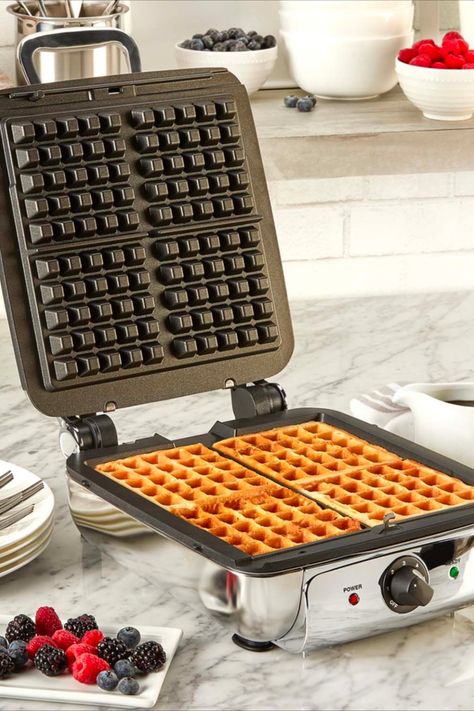 Makes 4 square-shaped waffles at a time featuring 6 adjustable levels of toasting shade, so your waffle’s as crispy as you like it Automatically alerts you when you need to pour batter or when your waffle is done Coated with a PFOA-free nonstick material that helps waffles slide right off Easy-to-clean plates are removable and dishwasher safe Unique and Sophisticated Design. Easy to cut sections and extra deep pockets to enjoy your waffles with any type of toppings. Waffle Machine, Fluffy Waffles, Belgian Waffle Maker, Order Kitchen, Sandwich Maker, Belgian Waffles, Austin Mahone, Baking Mix, Waffle Iron