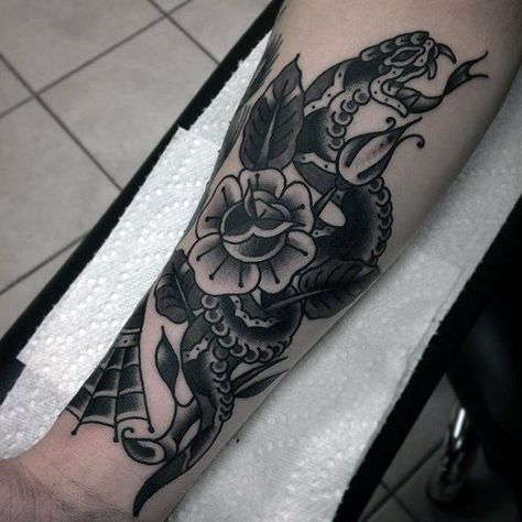 Old School Mens Snake And Rose Flower Shaded Inner Forearm Traditional Tattoos Flowers Tattoo Forearm, Snake Tattoo Men, Snake And Rose Tattoo, Tattoo Men Arm, Traditional Tattoo Artwork, Black Snake Tattoo, 8 Tattoo, Traditional Snake, Cover Up Tattoos For Men