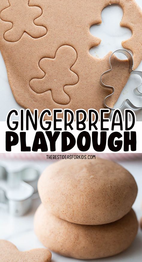 Gingerbread Cloud Dough Recipe, Homemade Gingerbread Playdough, Diy Gingerbread Playdough, Preschool Christmas Theme Ideas, Gingerbread Scented Playdough, Gingerbread Playdoh No Cook, Hot Cocoa Playdough Recipe, Ginger Bread Dough Recipe, Gingerbread Play Dough Recipe