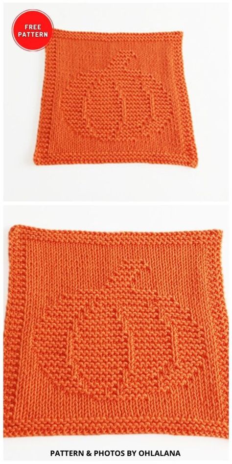 Halloween Dish Towels Crochet, Pumpkin Dishcloth Pattern, Crochet Pumpkin Dishcloth Free Pattern, Knitted Placemats Pattern Free, Knitted Dish Cloths Free Patterns, Pumpkin Dishcloth, Knit Dishcloth Pattern Free, Square Knitting Patterns, Knitting Letters