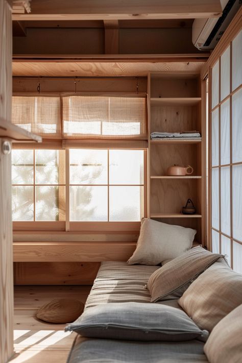 Japan Home Aesthetic, Japanese Tiny House Design, Tiny House Living Room Ideas, Japanese Minimalist Home, Minimalist Tiny House, Shack Interior, Japanese Tiny House, Small Japanese House, Granny Suite