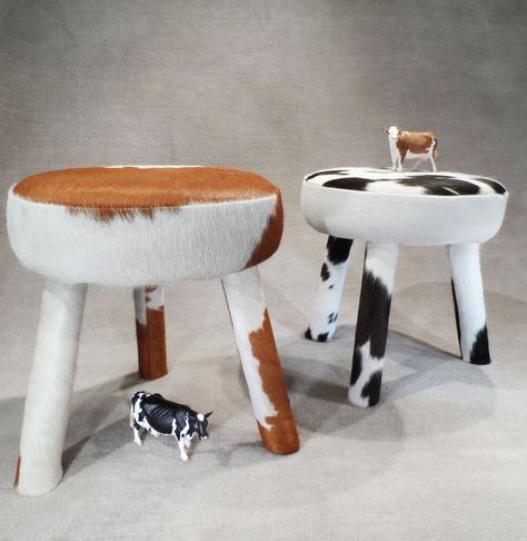 Cow Hide Milking Stool Farm Bathroom, Cowhide Ottoman, Diy Stool, Milking Stool, Fruit Stand, Stool Covers, Fruit Stands, Fur Fabric, Fur Fabrics