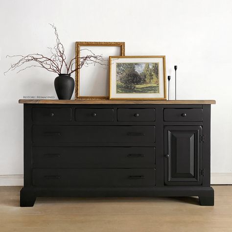 Black Dresser Tv Stand, Black Dresser Dining Room, Black Boho Dresser, Matte Black Bedroom Furniture, Traditional Dresser Makeover, Black Dresser Wood Top, Black Dresser With Wood Top, Diy Black Dresser Makeover, Black Dresser Bedroom Ideas