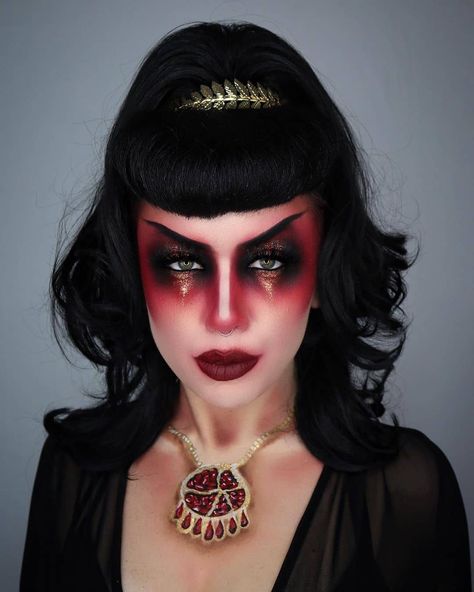 Persephone Makeup, Underworld Goddess, Daughter Of Demeter, Black And Red Makeup, Interesting Makeup, Demon Makeup, Goddess Of Spring, Goddess Makeup, Red Halloween