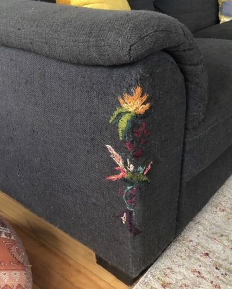 Patches On Sofa, Embroider Couch Repair, Embroidered Couch Repair, Visible Mending Couch, Embroidered Furniture, Couch Embroidery, Cross Stitch Couch Repair, Couch Repair, Cushion Inspiration