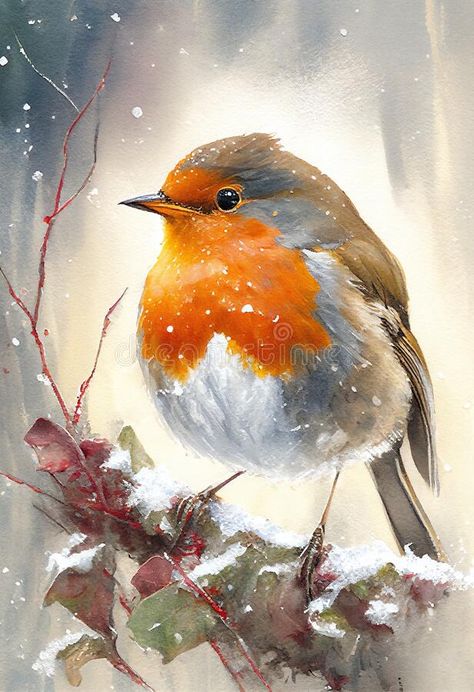 Christmas Robin Painting, Outdoors Background, Robin Watercolour, Watercolor Christmas Art, Christmas Robins, Snow Nature, Winter Foliage, Christmas Robin, Christmas Canvas Art