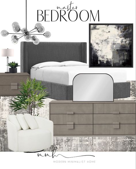 Primary bedroom design. Neutral bedroom, bedroom, bedroom inspo, bedroom design, bedroom decor, bedroom bench, bedroom rug, bedroom furniture, bedroom artwork, bedroom dresser, bedroom ideas, bedroom chair, master bedroom, master bedroom inspo, master bedroom decor, master bedroom ideas, master bedroom furniture, modern bedroom, Dresser, dresser bedroom, dresser styling, wayfair dresser, affordable nightstands, affordable rugs, Nightstand, night stand styling, nightstand styling, decorative bo Grey Headboard Bedroom White Nightstand, Artwork Over Dresser Master Bedrooms, Grey Headboard White Nightstand, Grey Bedframe With White Nightstands, Modern Bedroom Dresser Ideas, Grey Bedroom Mood Board, Bedroom Mood Board Gray Bed, Modern Master Bedrooms Decor, Glass Bedroom Furniture