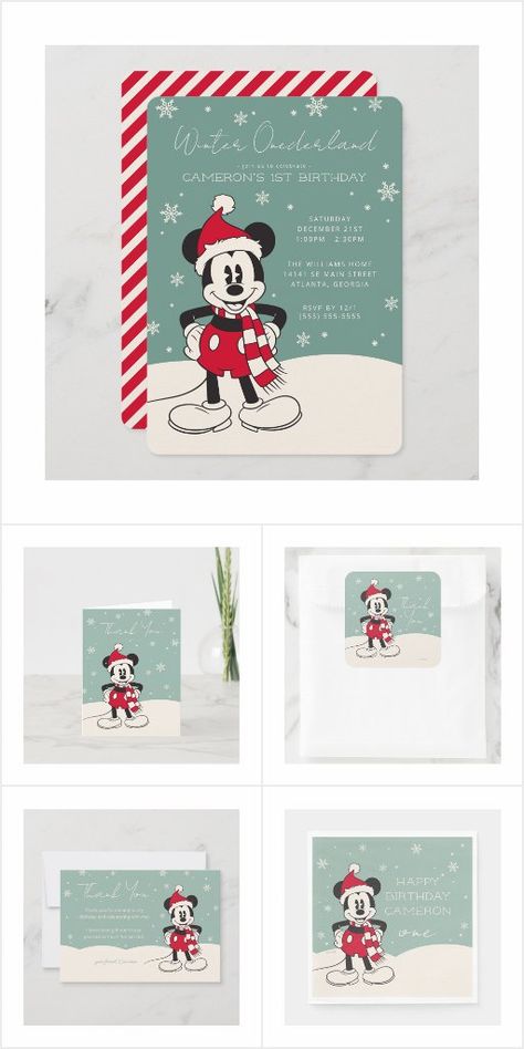 Mickey Mouse Winter, Thank You Happy Birthday, Winter Onederland Birthday, Birthday Labels, 1st Birthday Banners, Birthday Napkins, Winter Onederland, 1st Birthday Invitations, Birthday Thank You