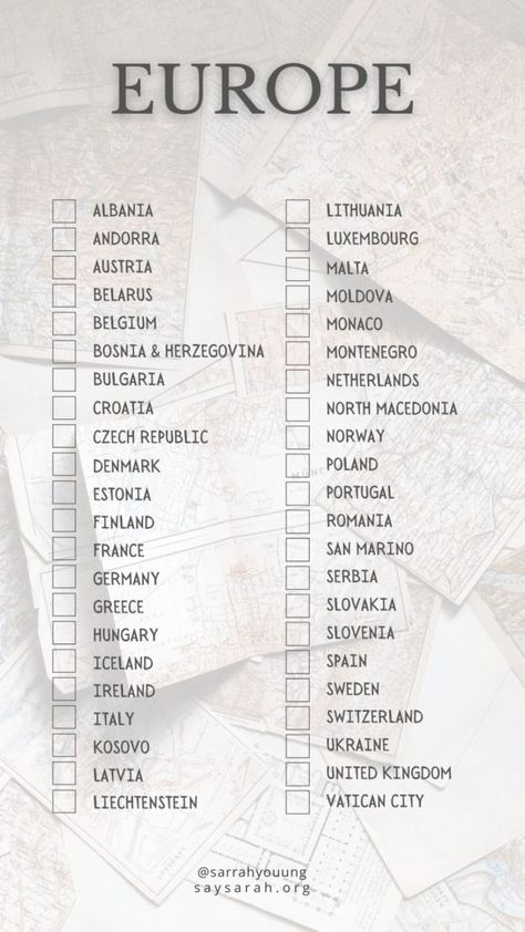 Traveling Out Of The Country Checklist, Travel Country List, Europe Travel Checklist, Travel List Countries, Countries To Visit Bucket Lists, Out Of Country Travel, Country Checklist, Europe Checklist, Europe Country