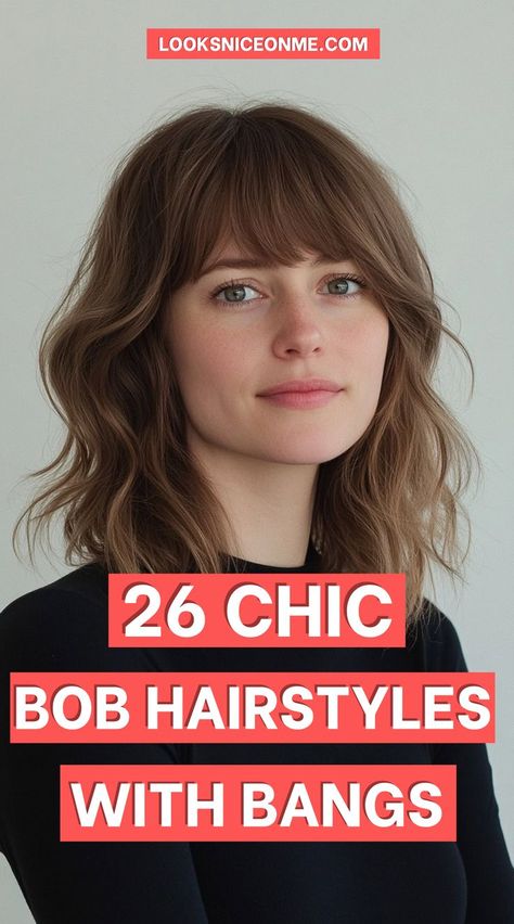 Whether you love soft waves or sleek straight hair, these bob hairstyles with bangs are versatile and flattering for all face shapes. Find your new favorite look! #BobCuts #BangHairstyles #HairstyleTrends Bob Layered Haircut Short, Asymmetric Bob With Bangs, Classic French Bob With Bangs, Bangs Shorter In The Middle, Mid Length Bob With Fringe, Chin To Shoulder Length Hair, Short Hair With Bangs Thick Hair, Short Hair With Bangs Hairstyles Ideas, Lob With Bangs Fine Hair