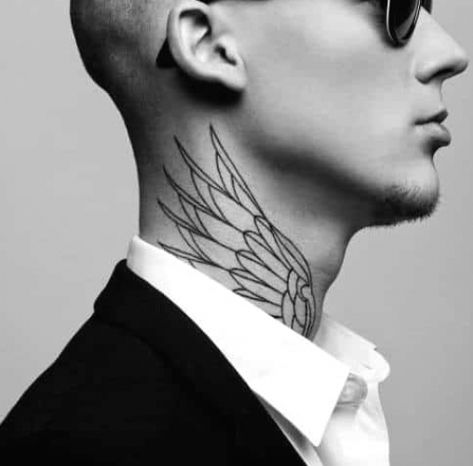 Top 40 Best Neck Tattoos For Men - Manly Designs And Ideas #necktattoos #tattoosformen Wing Neck Tattoo, Simple Neck Tattoos, Neck Tattoos For Men, Wing Tattoo Men, Best Neck Tattoos, Tattoo Son, Small Neck Tattoos, Side Neck Tattoo, Throat Tattoo